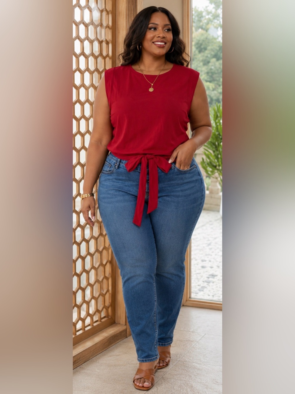 SHEIN Bright Red Sleeveless Tie-Back Tank